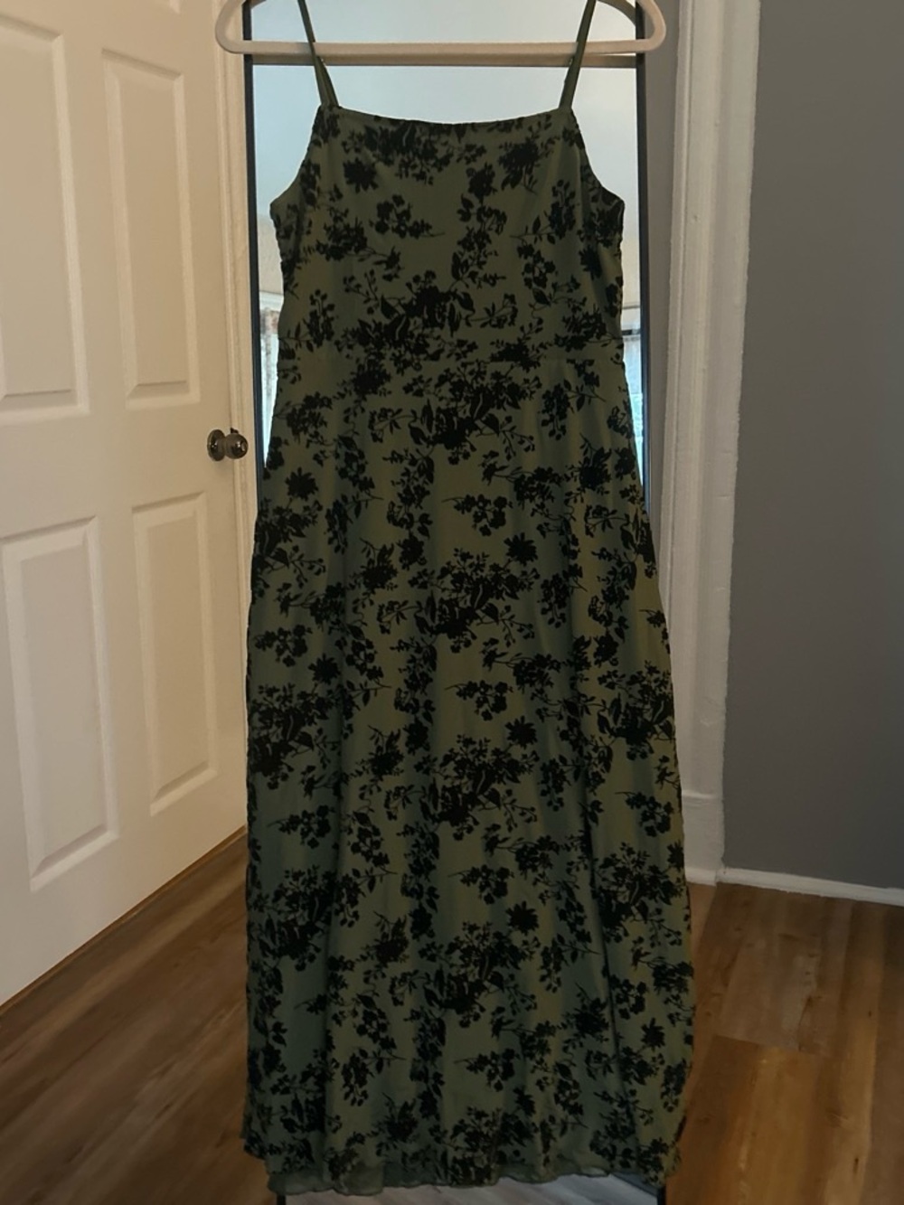 RIHOAS Olive Green Maxi Dress with Black Floral Print